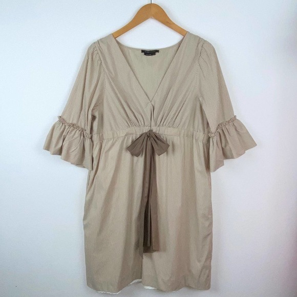 L BCBGMAXAZRIA Flounce Bell Sleeve Elastic Waist Pinstripe Boho V Neck Bow Dress - Picture 2 of 8
